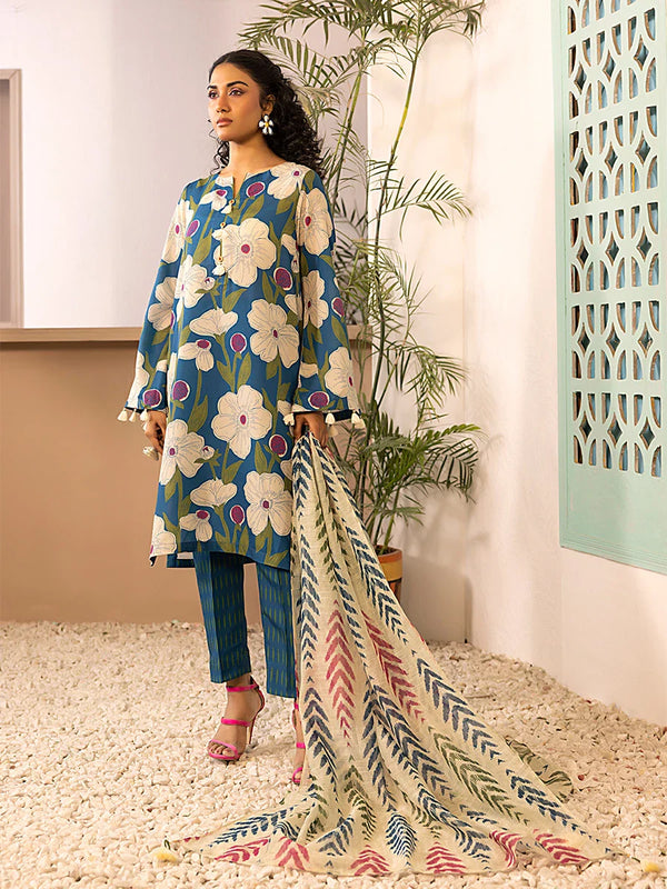 3pc Unstitched - Printed Lawn Silk Suit