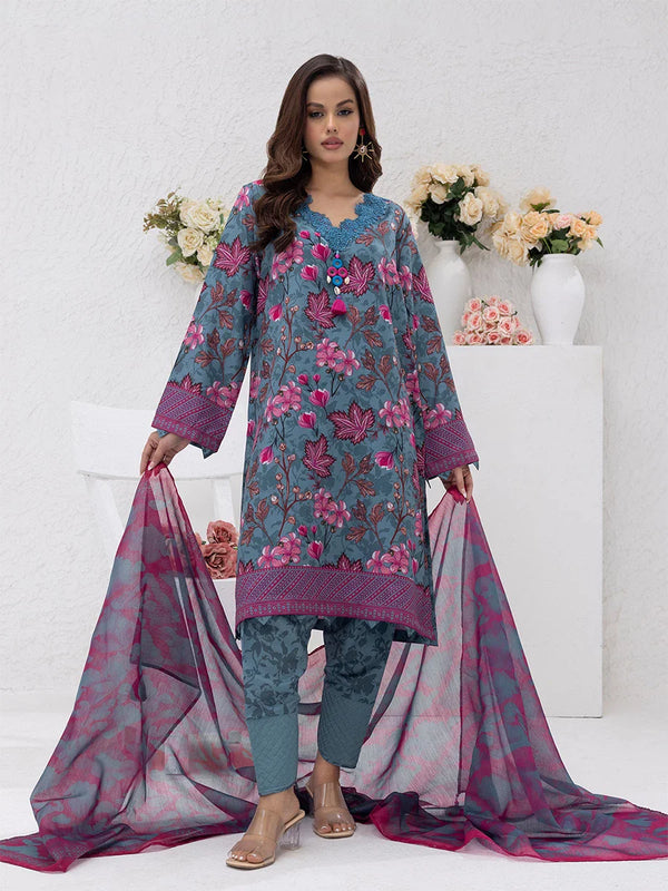 3pc Unstitched - Printed Lawn Silk Suit