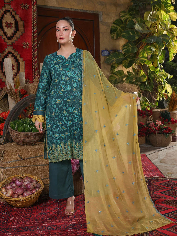 TROPICAL-EMBROIDERED LUXURY CAMBRIC UNSTITCHED 3PCS