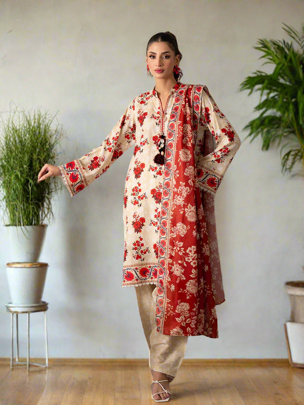 3pc Unstitched - Printed Lawn Silk Suit