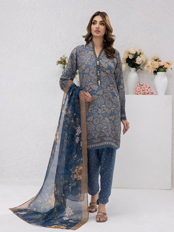 3pc Unstitched - Printed Lawn Silk Suit