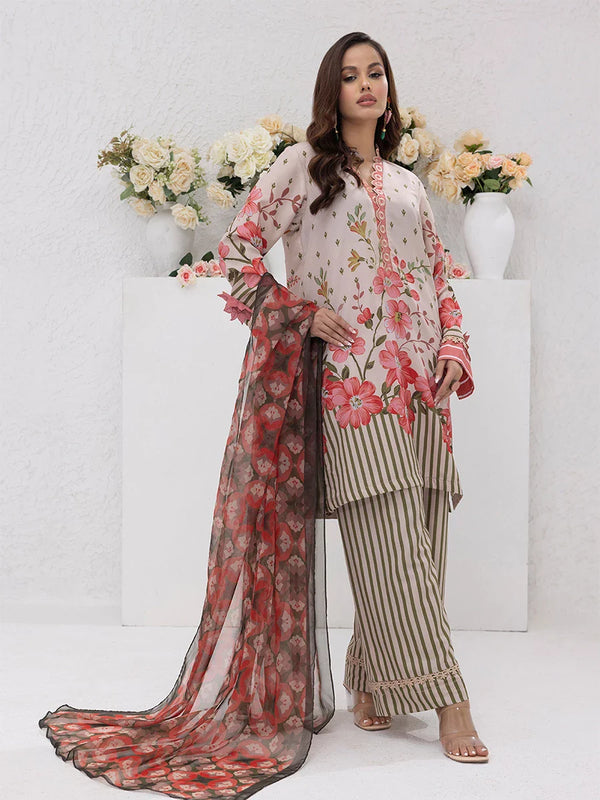 3pc Unstitched - Printed Lawn Silk Suit