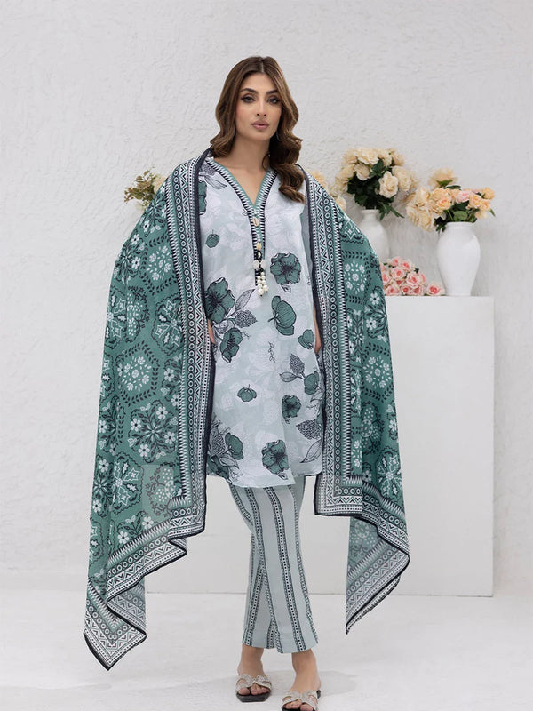 3pc Unstitched - Printed Lawn Silk Suit