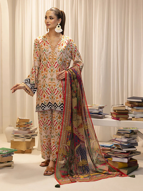 3pc Unstitched - Printed Lawn Silk Suit