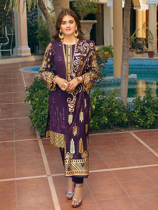 Purple Gold-Unstitched 3pc Embroidered Lawn Suit